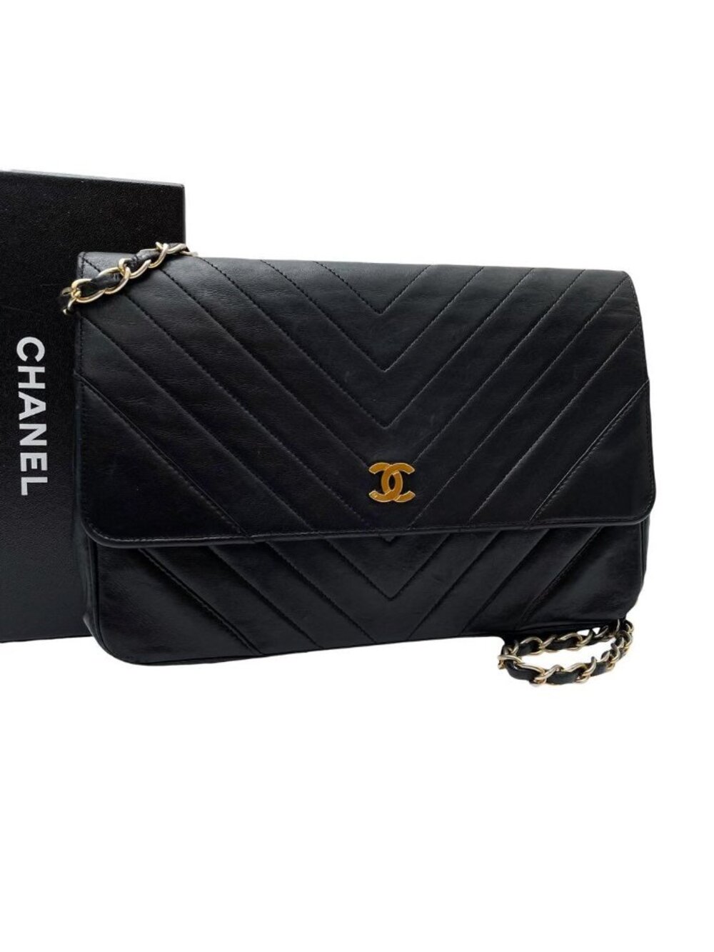 Chanel Lambskin Stitch CC Logo Chain Shoulder Bag Black - Picture 1 of 10